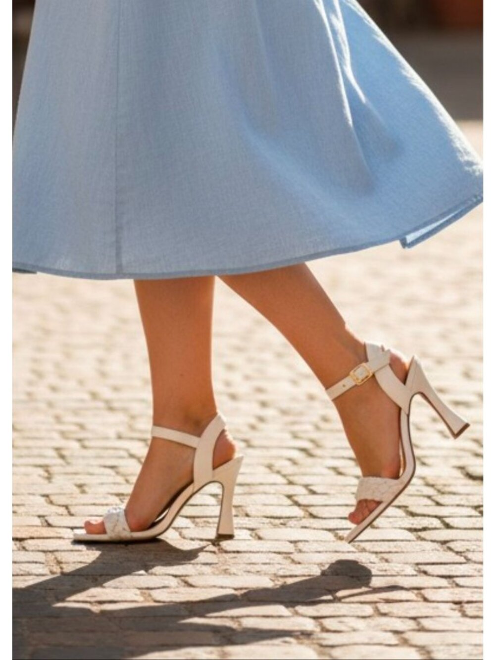 White Braided Strap High Heel Sandals With Square Toe & Adjustable Buckle Closur - Picture 6 of 16